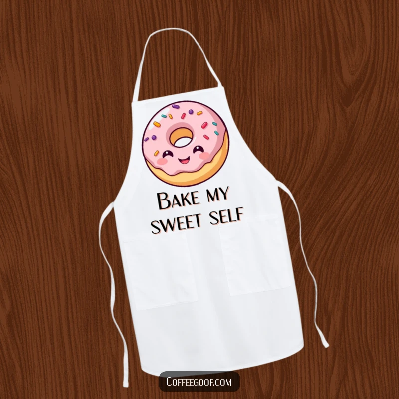 Funny apron featuring a smiling donut character with colorful, bouncing sprinkles, making kitchen tasks a delightful and humorous experience.