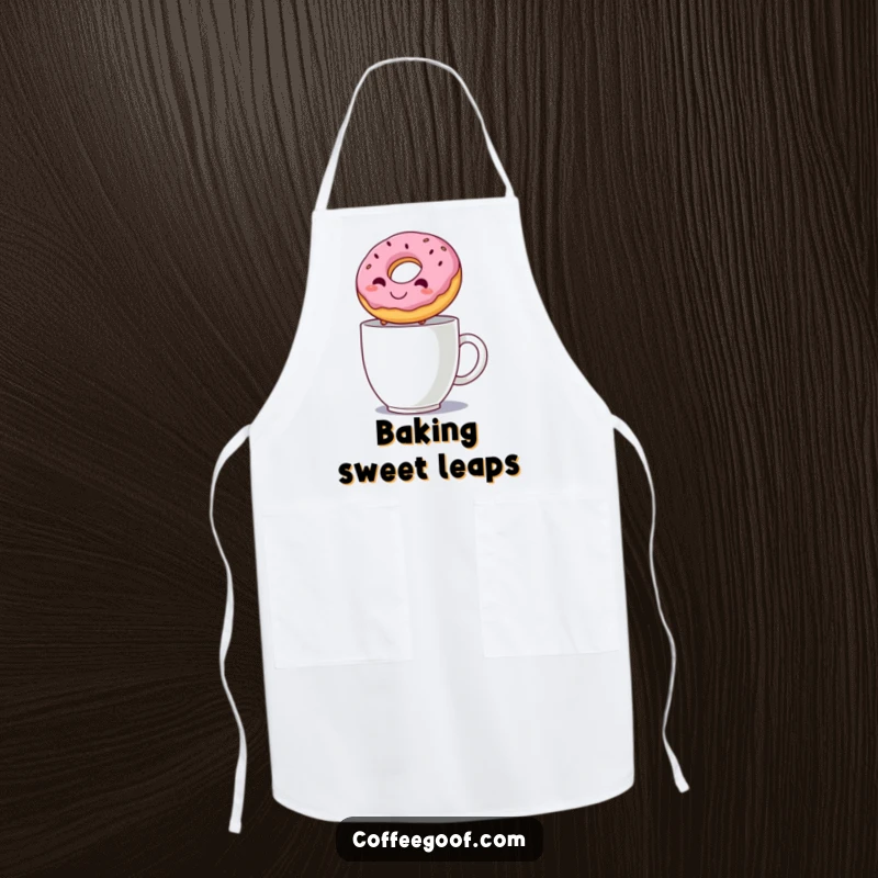Funny apron illustrated with a donut performing an impressive leap over a steaming mug, a fun addition to any baker's attire.