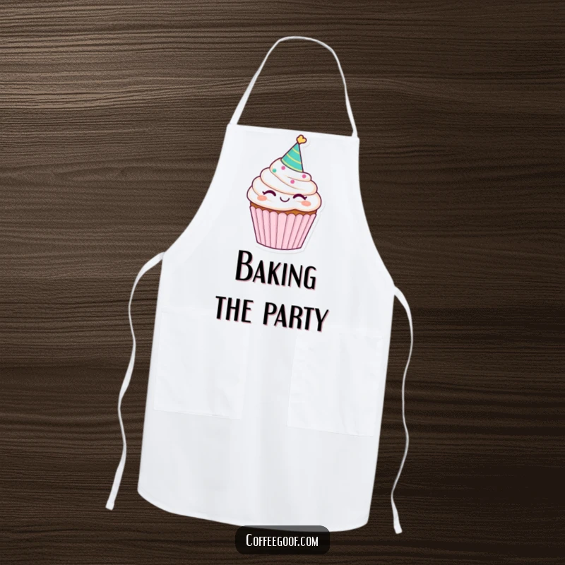 Funny winking cupcake apron, wearing a party hat, bringing a sweet and humorous vibe to kitchen activities, great for bakers.
