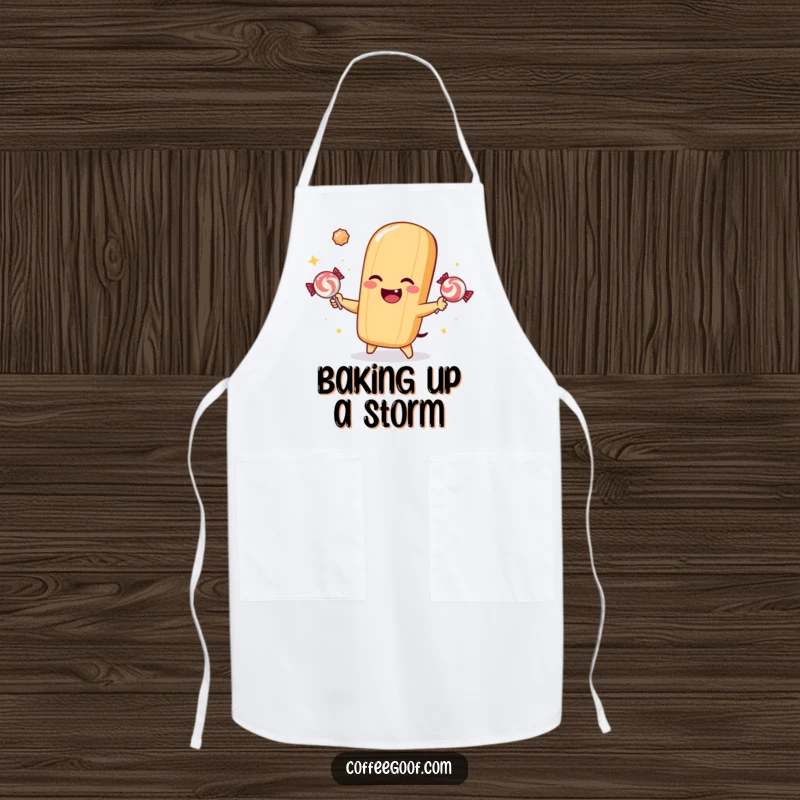 Funny apron depicting a winking baguette character juggling candies, perfect for a playful baker.