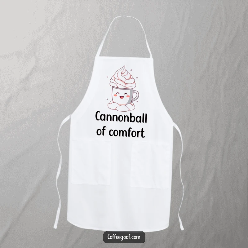 Funny Apron featuring a smiling cocoa mug doing a joyful cannonball dive into a cloud of whipped cream, perfect for cozy kitchens.