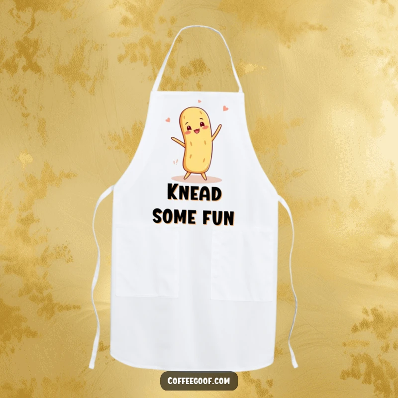 Funny Baguette Apron depicting a smiling anthropomorphic baguette balancing playfully, perfect for fun in the kitchen.