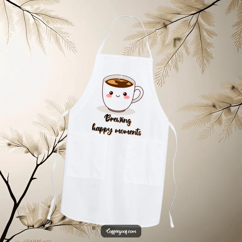 Funny apron illustration of a cheerful coffee cup character, with steam and a silly wiggling handle, making cooking a delightful experience.