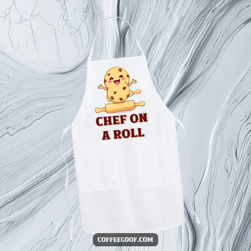 Funny cookie apron, a cookie character balancing on a rolling pin, perfect for bakers.