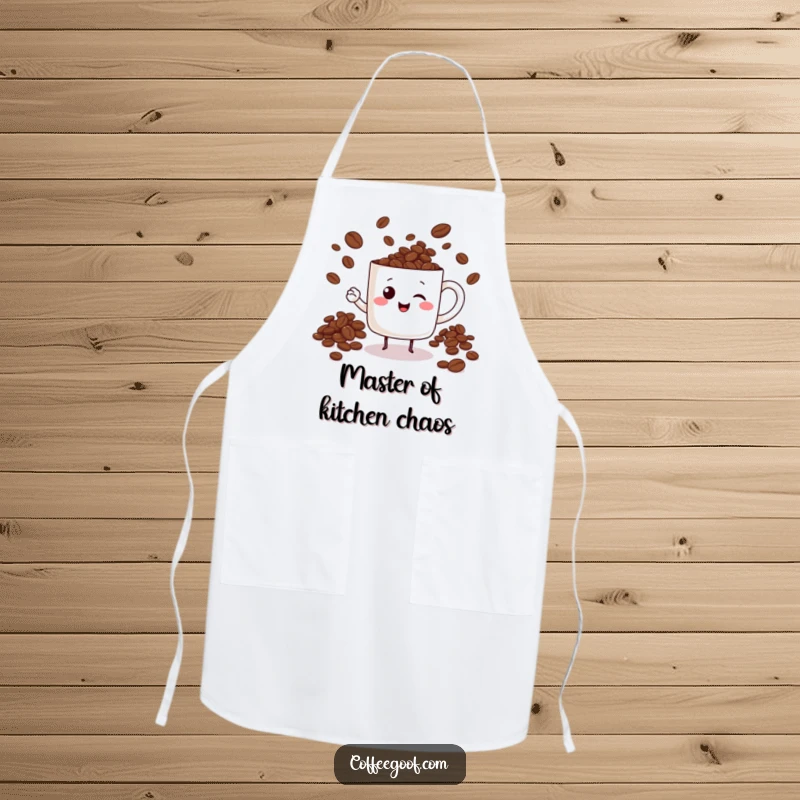 Funny cheerful mug character juggling coffee beans on a kitchen apron, perfect for cooking with coffee-themed humor.