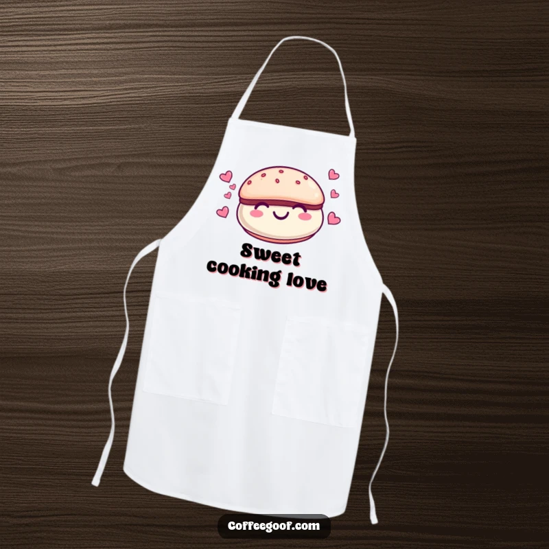 Funny smiling macaroon character with tiny hearts floating around it on a cute baking apron, a sweet cartoon accessory