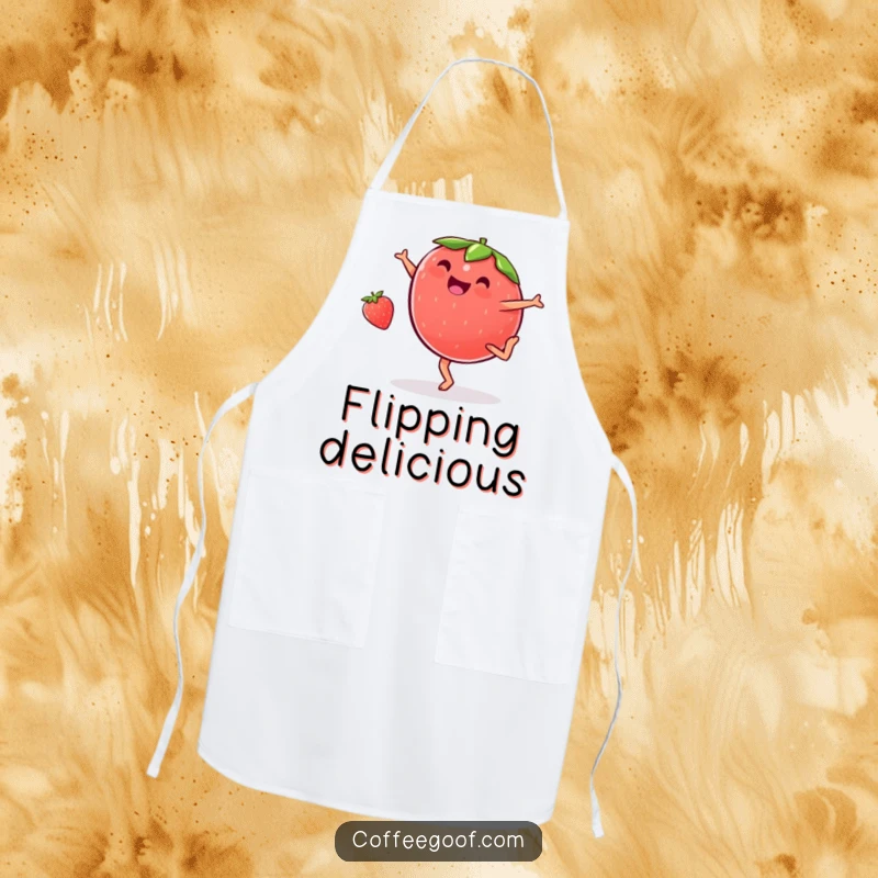 Funny plump strawberry apron, doing a cartwheel with glee, bringing a humorous and vibrant vibe to kitchen activities.
