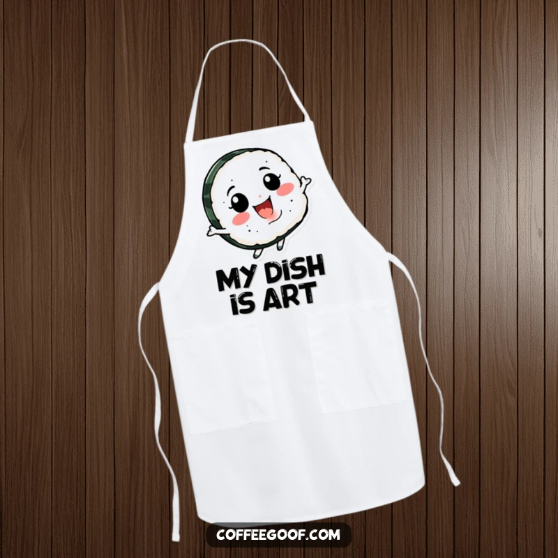 Funny Sushi Spin Apron with a smiling sushi character happily spinning, perfect for cooks who love adding a playful and humorous touch to their kitchen wear.
