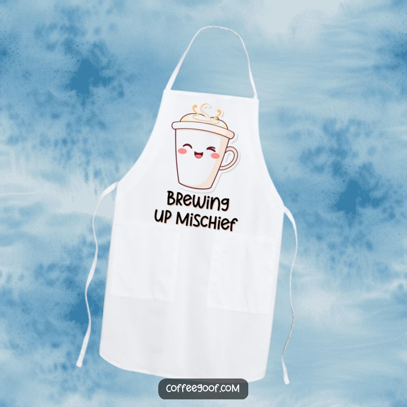 Funny Winking Coffee Cup Apron with a smiling character winking, ideal for chefs and home cooks who love adding a humorous touch to their kitchen attire.