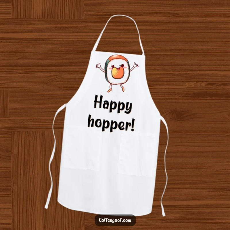 Funny apron depicting a piece of sushi with legs doing a cheerful jig, adding humor and playfulness to kitchen activities.