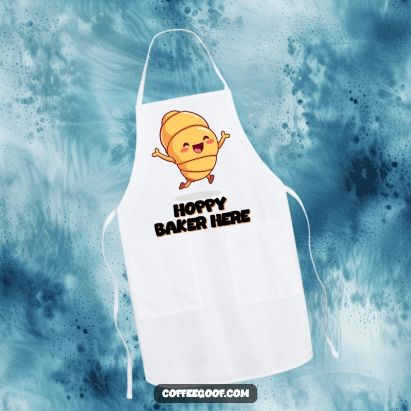 Funny Apron with a joyful hopping croissant, bringing bakery fun and humor to the kitchen and perfect as a funny gift.