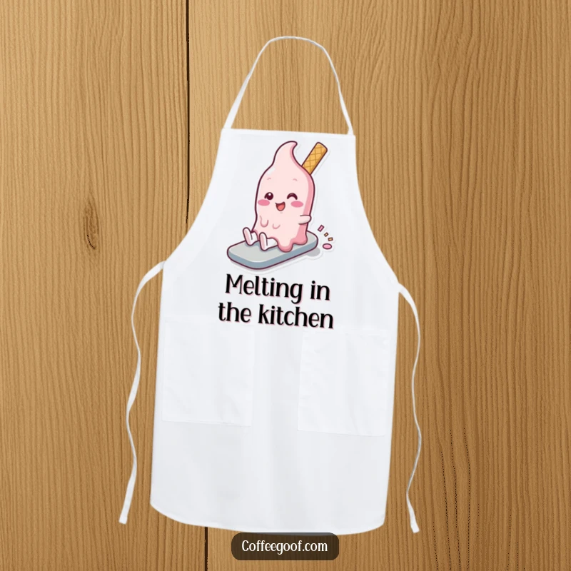 Funny melting ice cream character in a slow, happy slide on a kitchen apron, perfect for cooking with laughter.