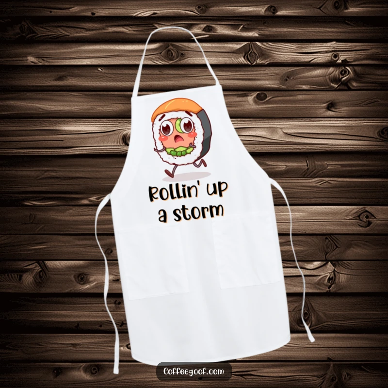 Funny Sushi Apron: A surprised sushi roll character with wide eyes and stubby legs, designed for kitchen fun and protection.