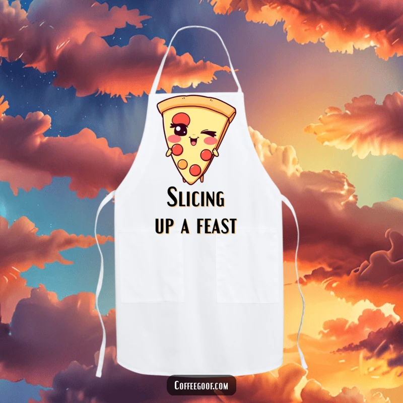 Funny Pizza Apron: A giggling slice of pizza character with a mischievous wink, perfect for kitchen fun and protection.