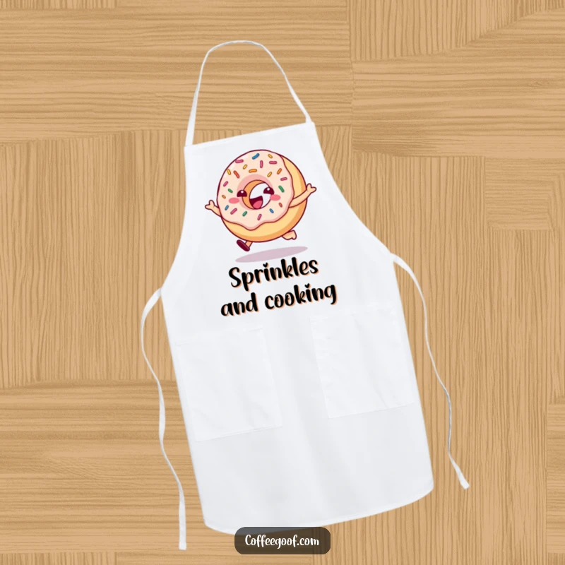 Funny donut character with bouncing sprinkles happily hopping on a practical kitchen apron, bringing sweet humor to baking.