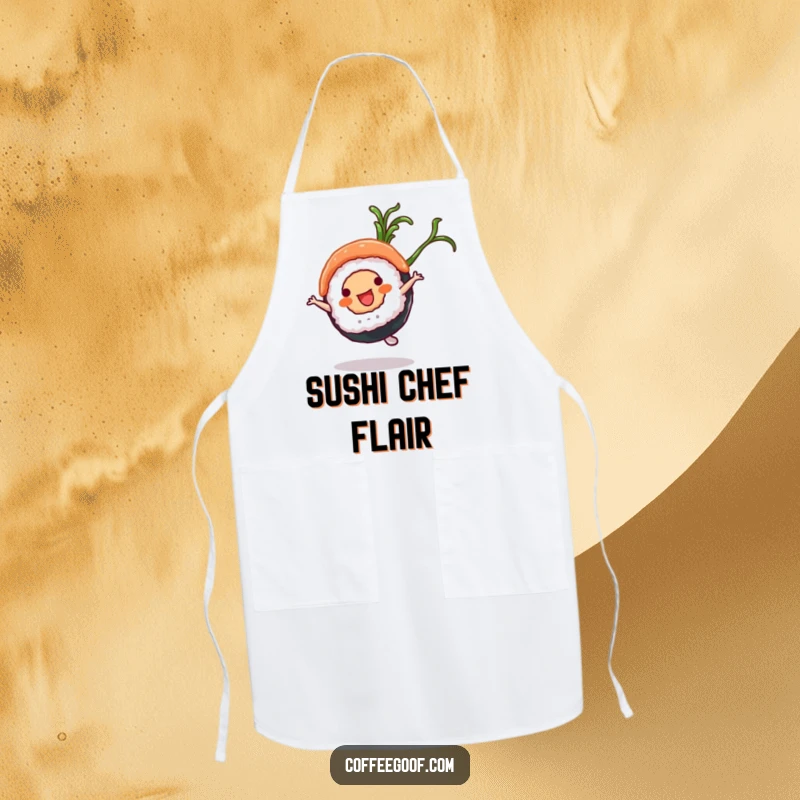 Funny Sushi Apron: A sushi roll character performing a cartwheel with a seaweed flourish, adding playful humor to cooking.