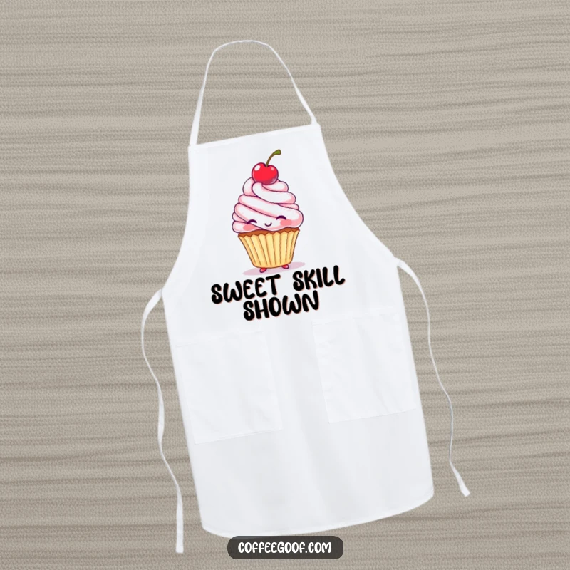 Funny Apron featuring a cute cupcake character with a cherry perfectly balanced on its head, ready for kitchen fun and baking.