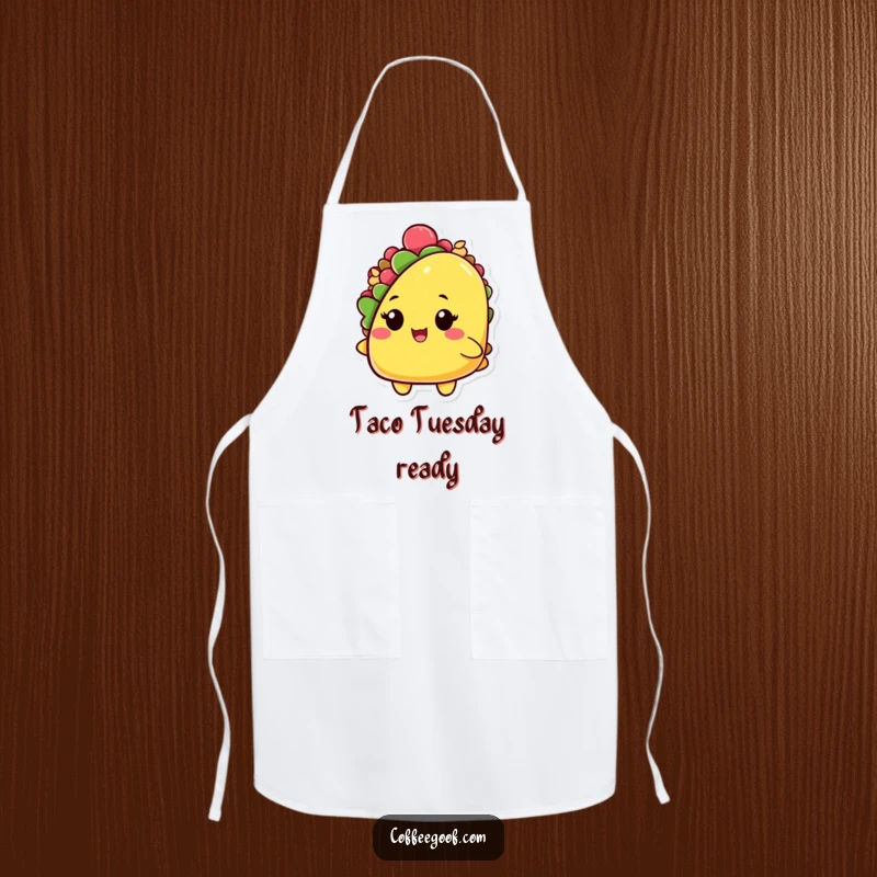 Funny apron featuring a playful taco character, shell slightly open, winking playfully, making kitchen tasks a delightful and humorous experience.