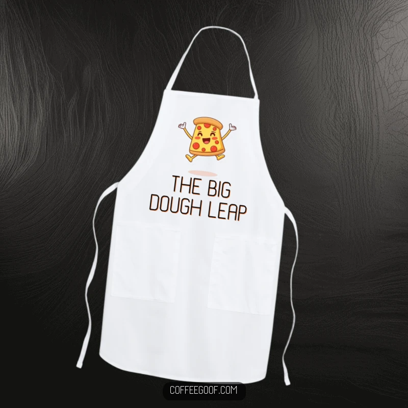 Funny Apron designed with a happy pizza slice doing an enthusiastic celebratory leap, ready for a fun time in the kitchen.