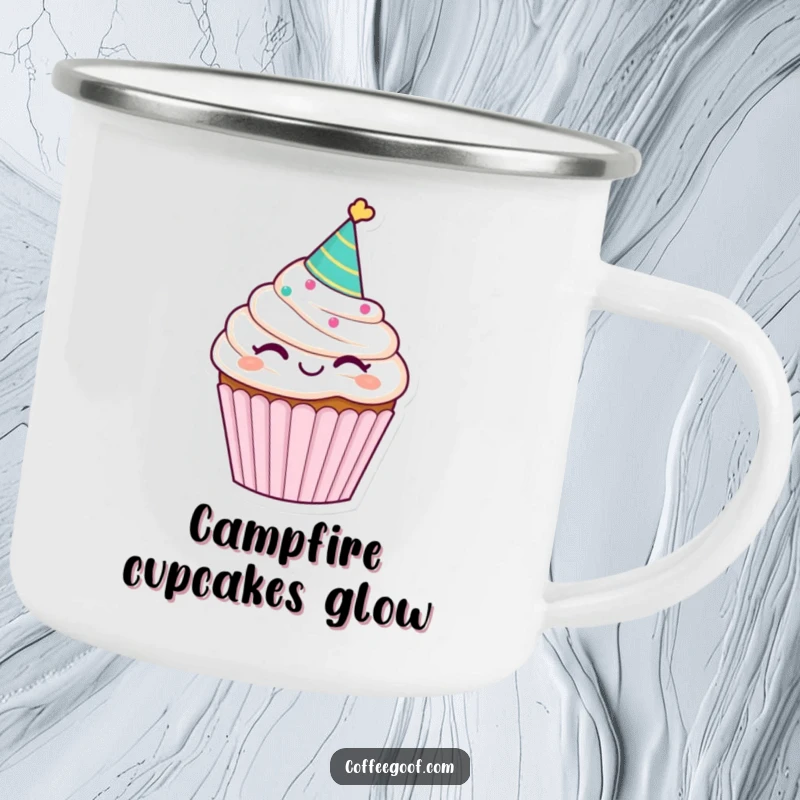 Funny winking cupcake camping mug, with a party hat, adding a sweet and humorous touch to outdoor beverages and adventures.