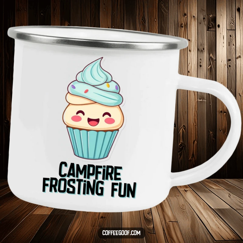Funny cupcake camping mug, a cupcake character frosting itself, perfect for outdoor enjoyment.