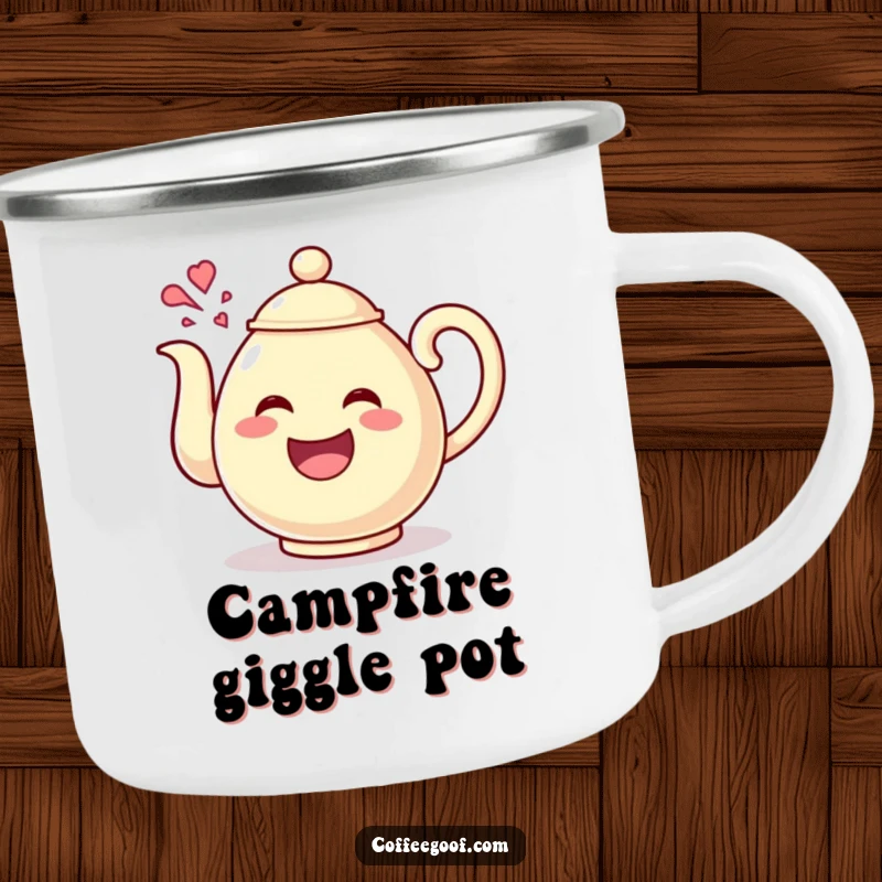 Funny Teapot Giggles Camping Mug with a happy teapot character pouring out giggles, perfect for enjoying beverages with a cheerful and playful touch outdoors.