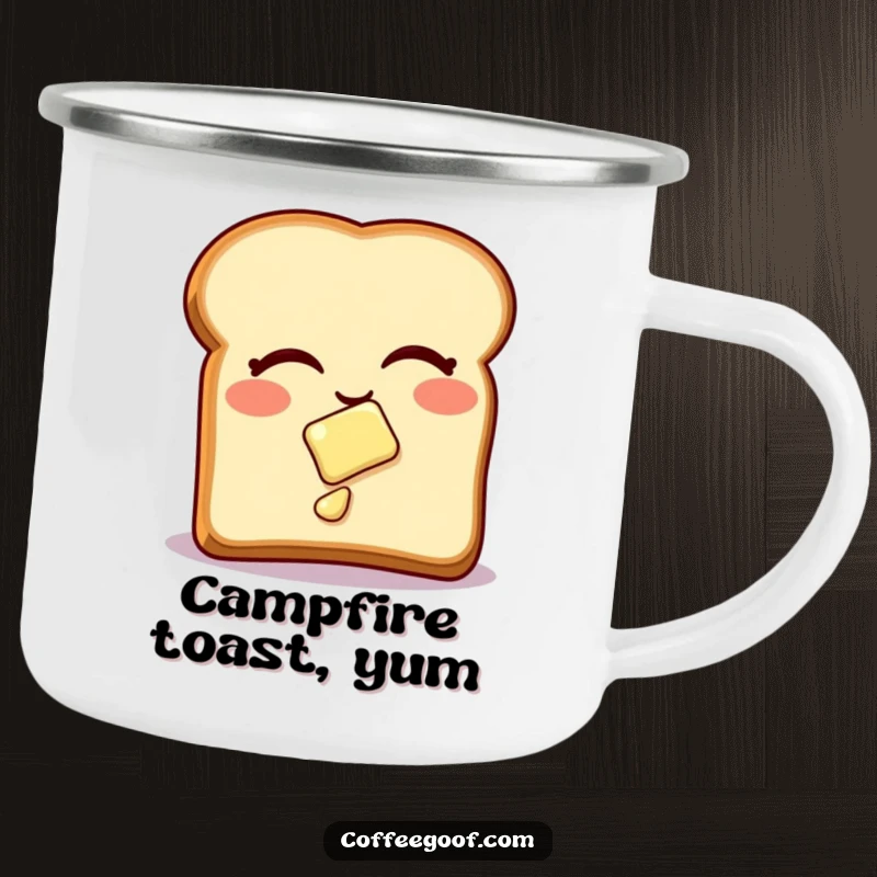 Funny Camping Mug showing a winking toast with butter sliding, perfect for outdoor enjoyment and as a funny breakfast-themed funny gift.