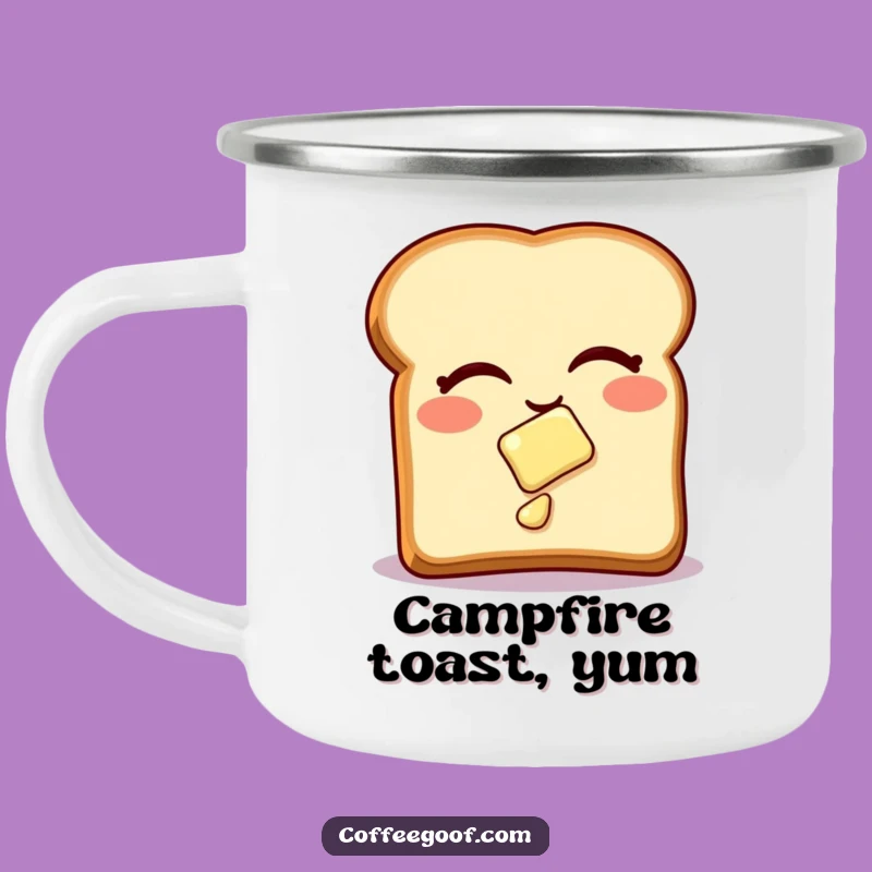 Enjoy your campfire brews with a side of humor! This funny camping mug features a winking toast and its slippery butter.
