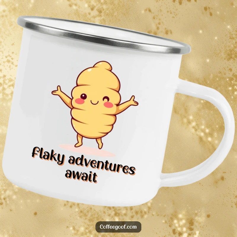 Funny Croissant Camping Mug: A happy croissant character with arms outstretched, dancing joyfully, perfect for rugged outdoor use.