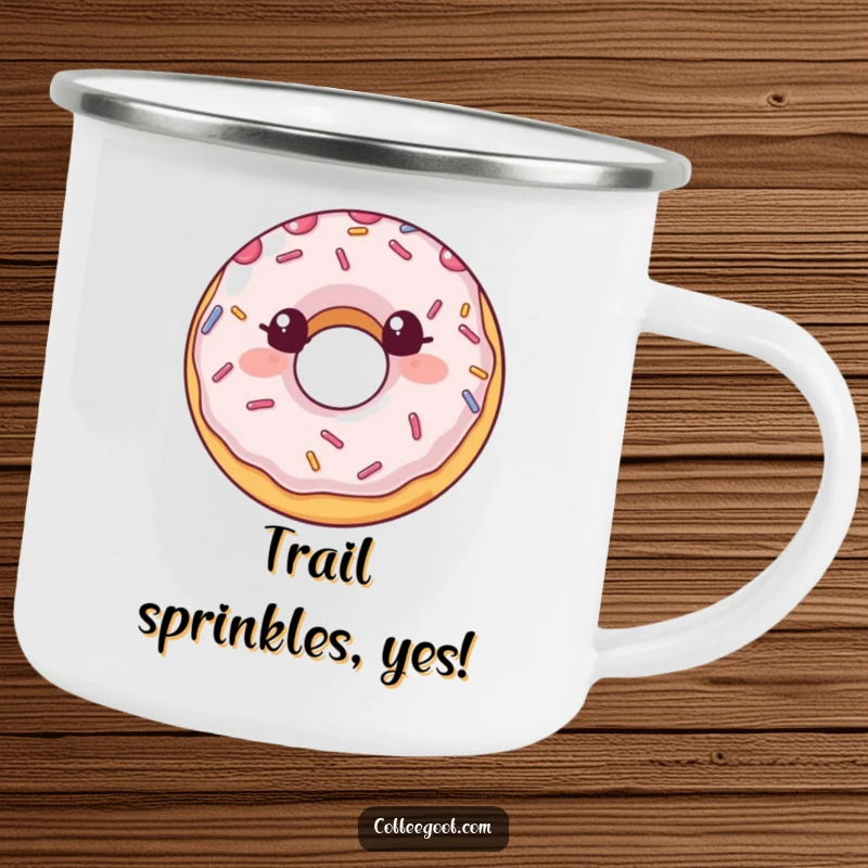 Funny Camping Mug showcasing a happy donut with energetic sprinkles, perfect for outdoor enjoyment and as a sweet, funny gift.