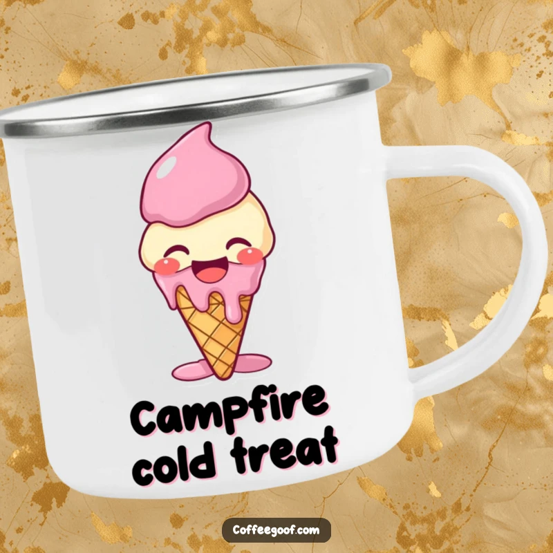 Funny giggling ice cream cone camping mug, melting with laughter, adding a sweet and humorous touch to outdoor beverage enjoyment.