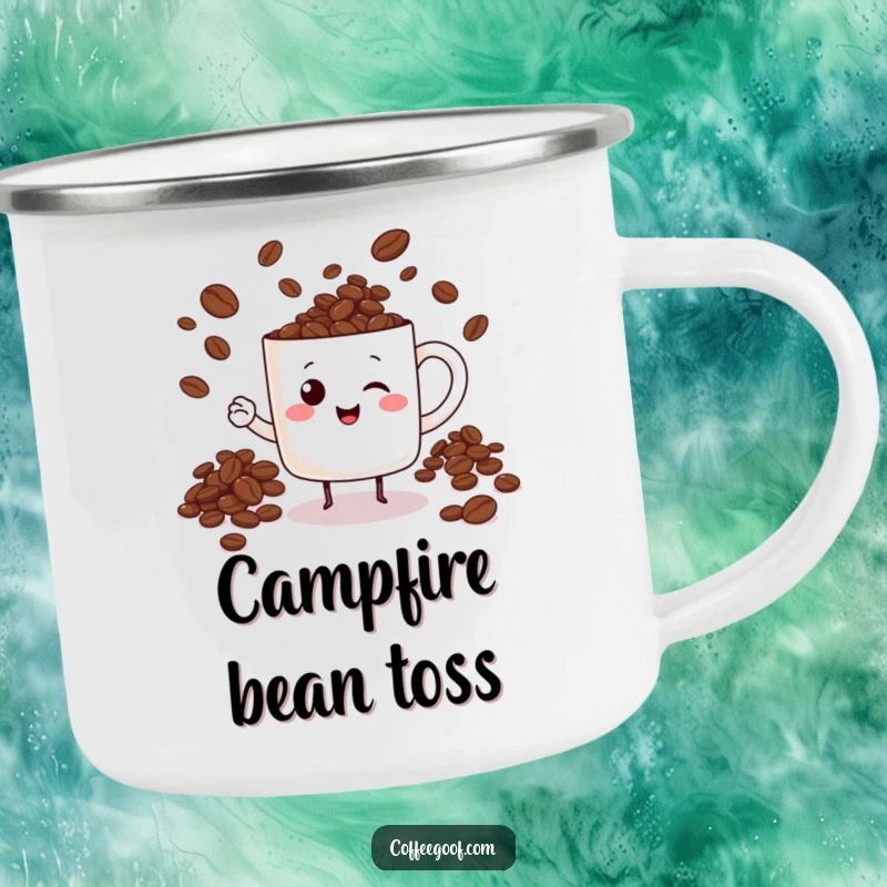 Funny cheerful mug character juggling coffee beans on a camping mug, perfect for outdoor coffee breaks with a smile.
