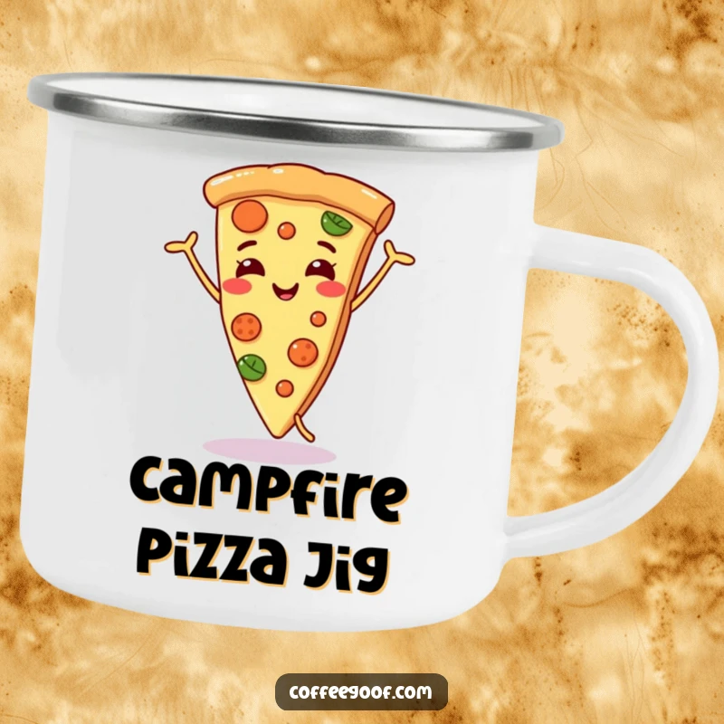 Funny smiling pizza slice camping mug, dancing joyfully, adding a humorous and delicious touch to outdoor beverage enjoyment.