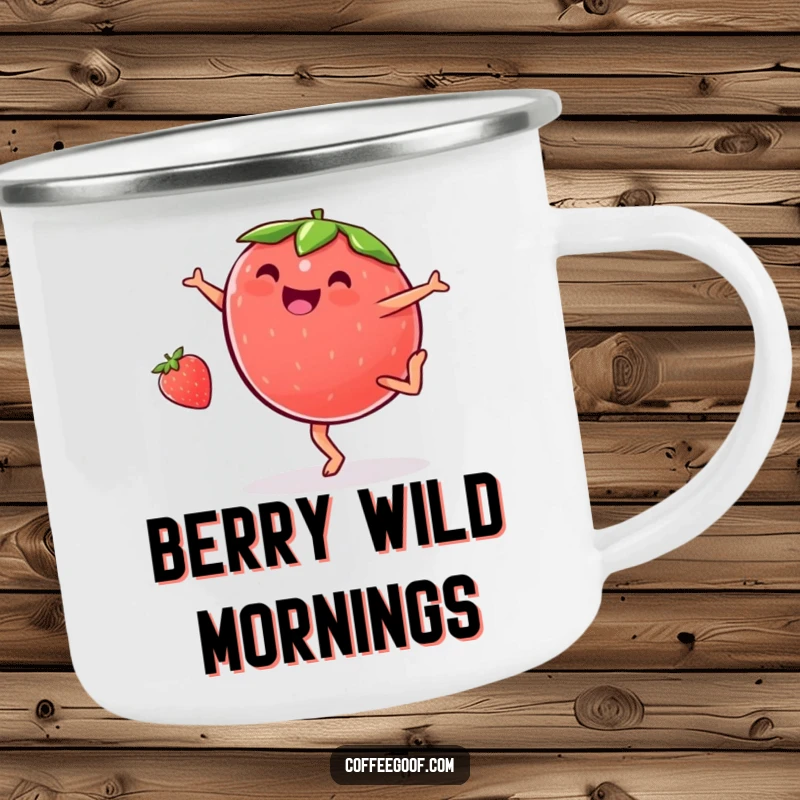 Funny plump strawberry camping mug, doing a cartwheel with glee, adding a humorous and fruity touch to outdoor beverage enjoyment.