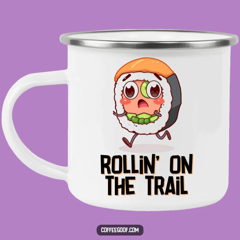 Funny Sushi Camping Mug: Surprised Roll Character, Humorous Outdoor Gift