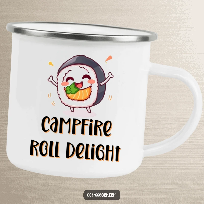 Funny camping mug featuring a happy sushi roll character in a celebratory spin, perfect for enjoying meals in the wild.
