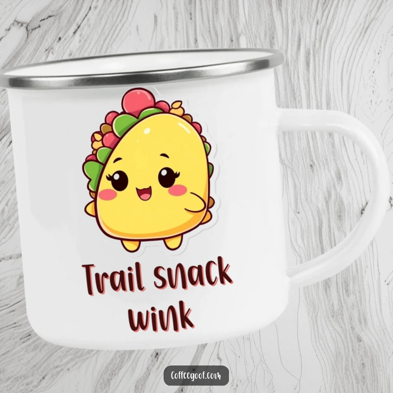 Funny camping mug featuring a playful taco character with a slightly open shell and a mischievous wink, perfect for outdoor fiestas.