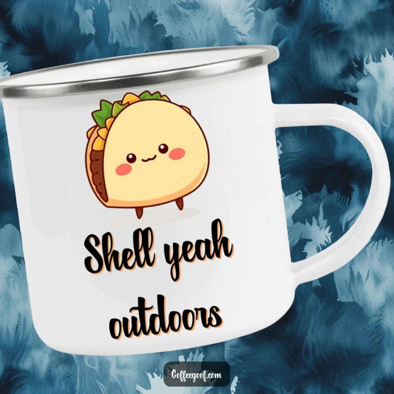 Funny Taco Camping Mug: A cheerful, round taco character wiggling its shell and tiny legs, perfect for rugged outdoor use.