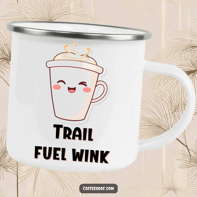 Funny Winking Coffee Cup Camping Mug with a smiling character winking, durable and perfect for enjoying beverages with a playful touch outdoors.