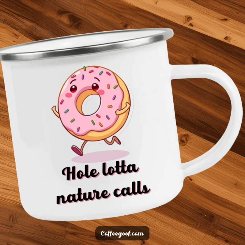Funny Donut Camping Mug: A grinning donut character with sprinkles bouncing as it hops, perfect for rugged outdoor use.
