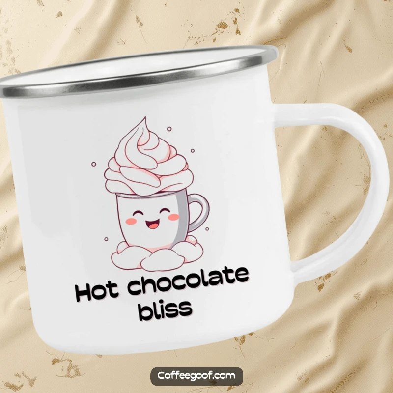 Funny Camping Mug showing a smiling cocoa mug doing a cannonball dive into whipped cream, perfect for enjoying cozy drinks outside.