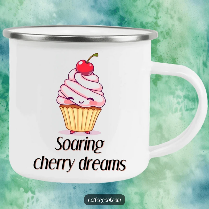 Funny Camping Mug showing a happy cupcake character playfully balancing a cherry on its head, perfect for outdoor enthusiasts.