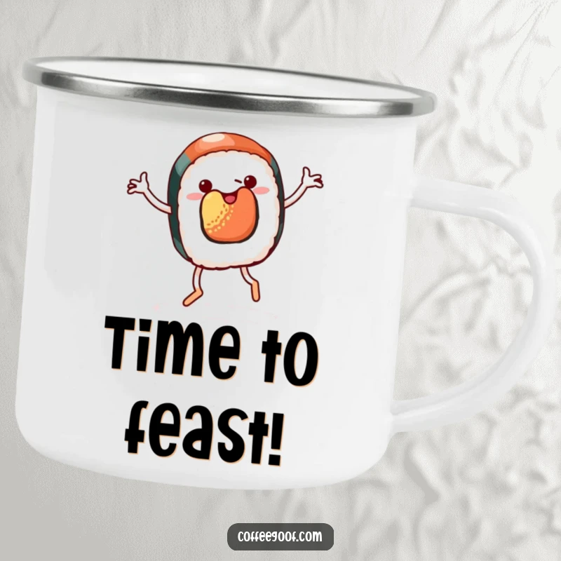 Funny camping mug featuring a piece of sushi with legs doing a cheerful jig, perfect for outdoor foodie humor.