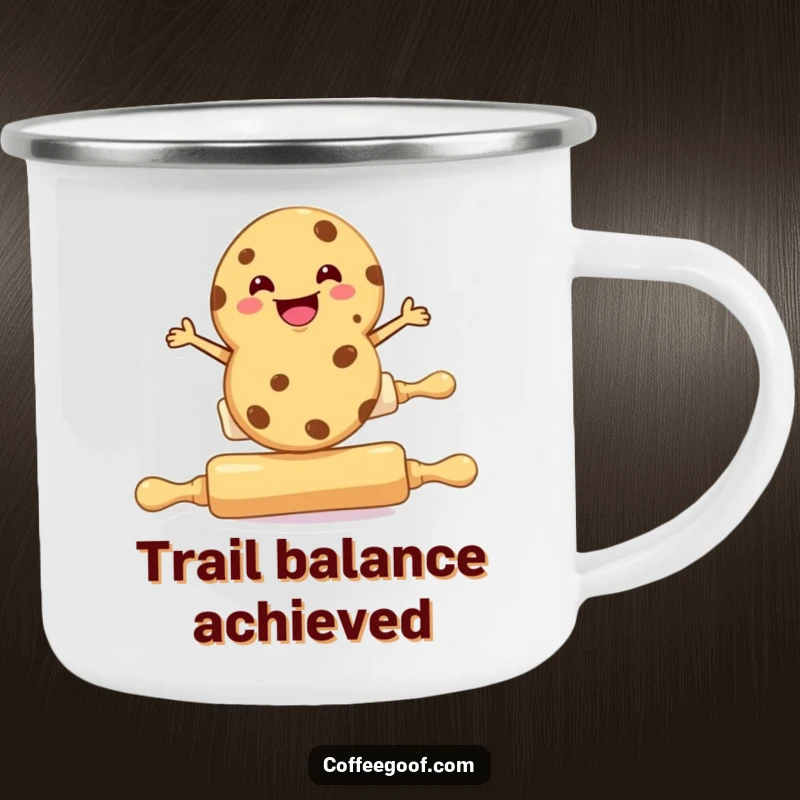 Funny cookie camping mug, a cookie character balancing on a rolling pin, perfect for outdoor baking enthusiasts.