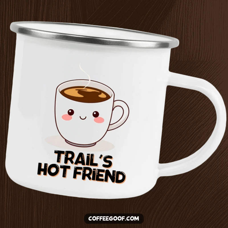 Funny camping mug with a cheerful coffee cup character, steam, and a wiggling handle, built for rugged fun and laughter.