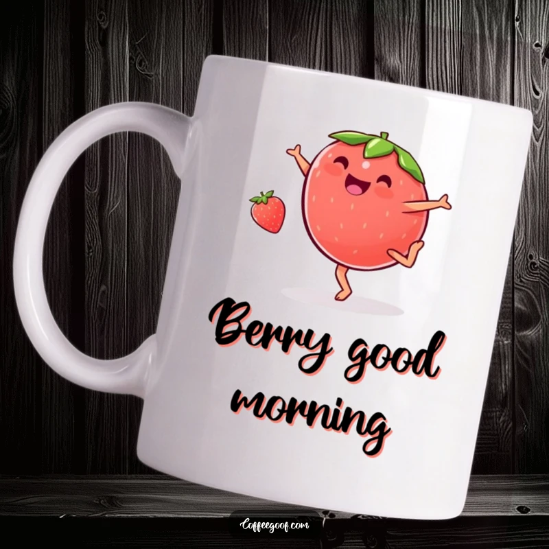 Funny plump strawberry mug, doing a cartwheel with glee, capturing a moment of energetic and joyful fruitiness.