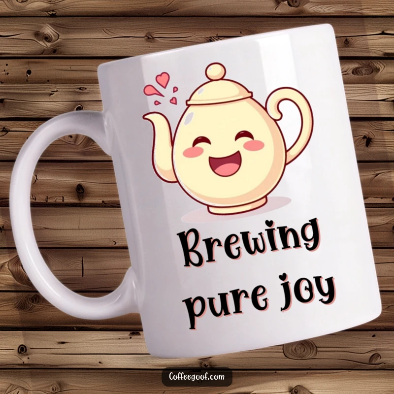 Funny Teapot Giggles Mug with a happy teapot character pouring out a stream of giggles, perfect for adding laughter and joy to your beverage moments.