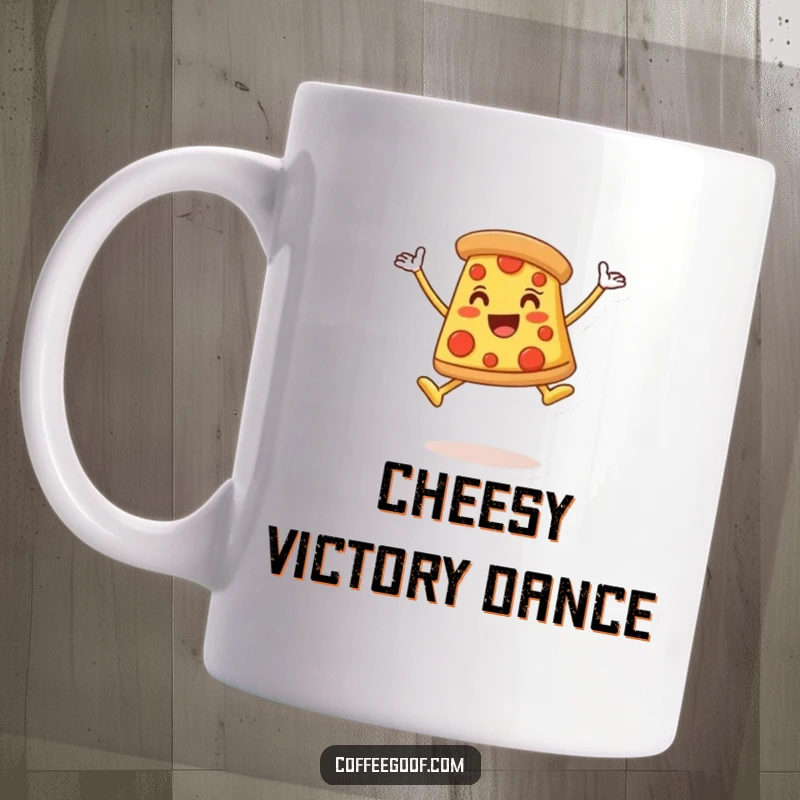 Funny Mug featuring a happy, smiling slice of pizza doing a triumphant celebratory leap, radiating pure joy and cheesy delight.