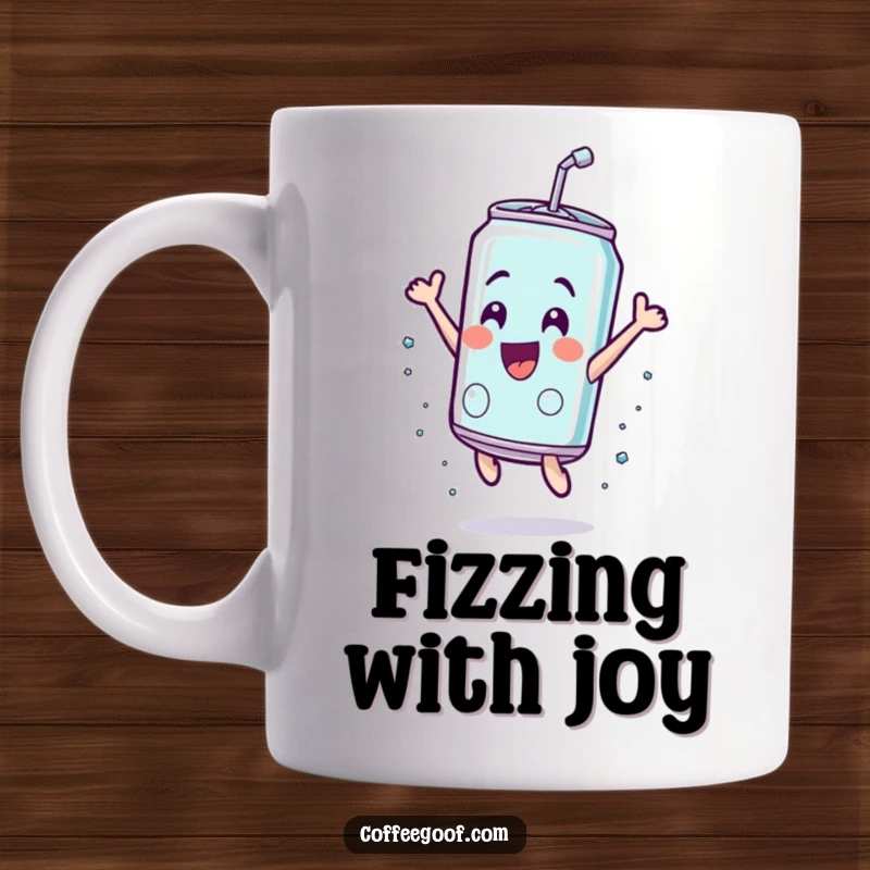 Funny soda can mug, enthusiastically leaping mid-air with pure exhilaration, showcasing a joyful and energetic character.
