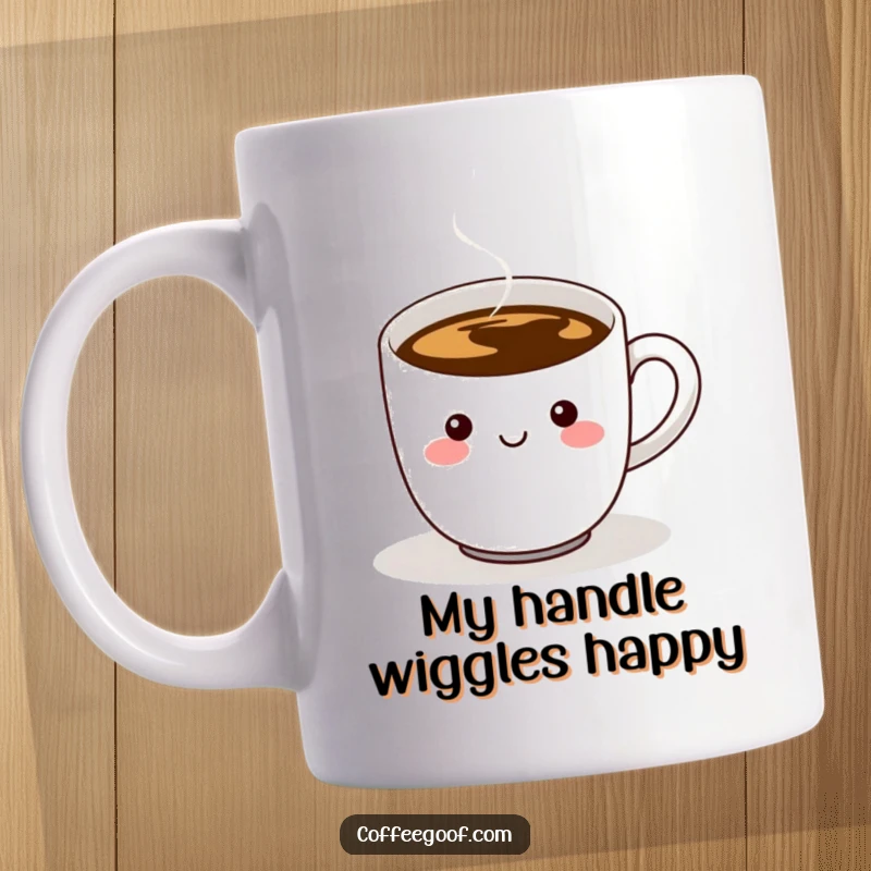 Funny coffee cup mug with a cheerful character, steaming liquid, and a playfully wiggling handle, bringing joy to any coffee break.
